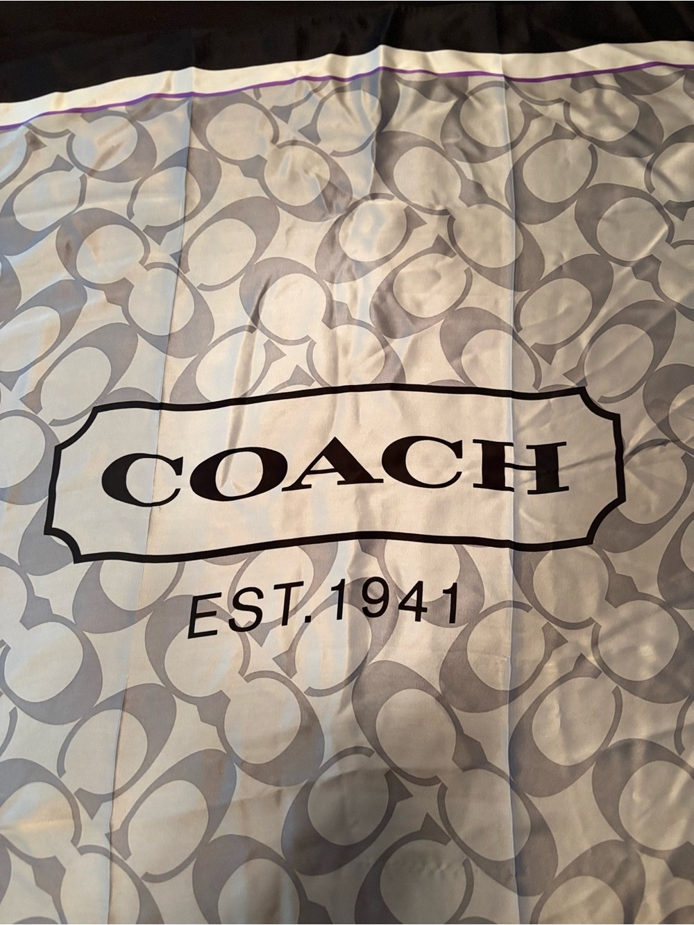 COACH Gray and Black Logo Silk Scarf with Purple Trim - Picture 2 of 6